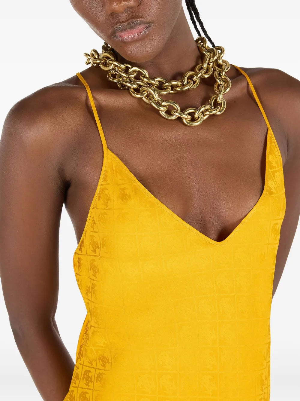 Roberto Cavalli Long Dress With Mirror Snake Monogram In Yellow