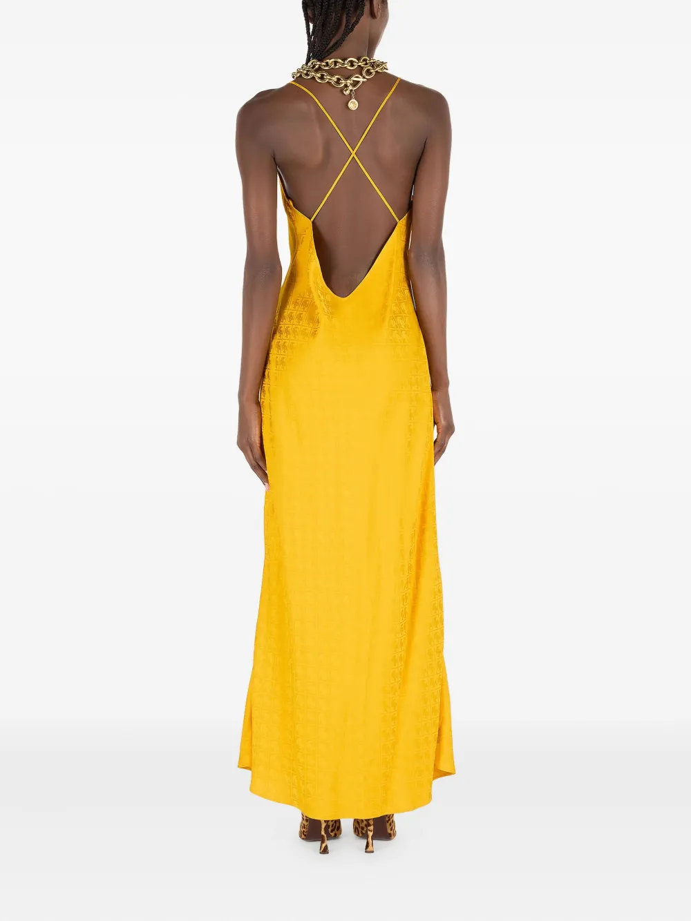 Roberto Cavalli Long Dress With Mirror Snake Monogram In Yellow