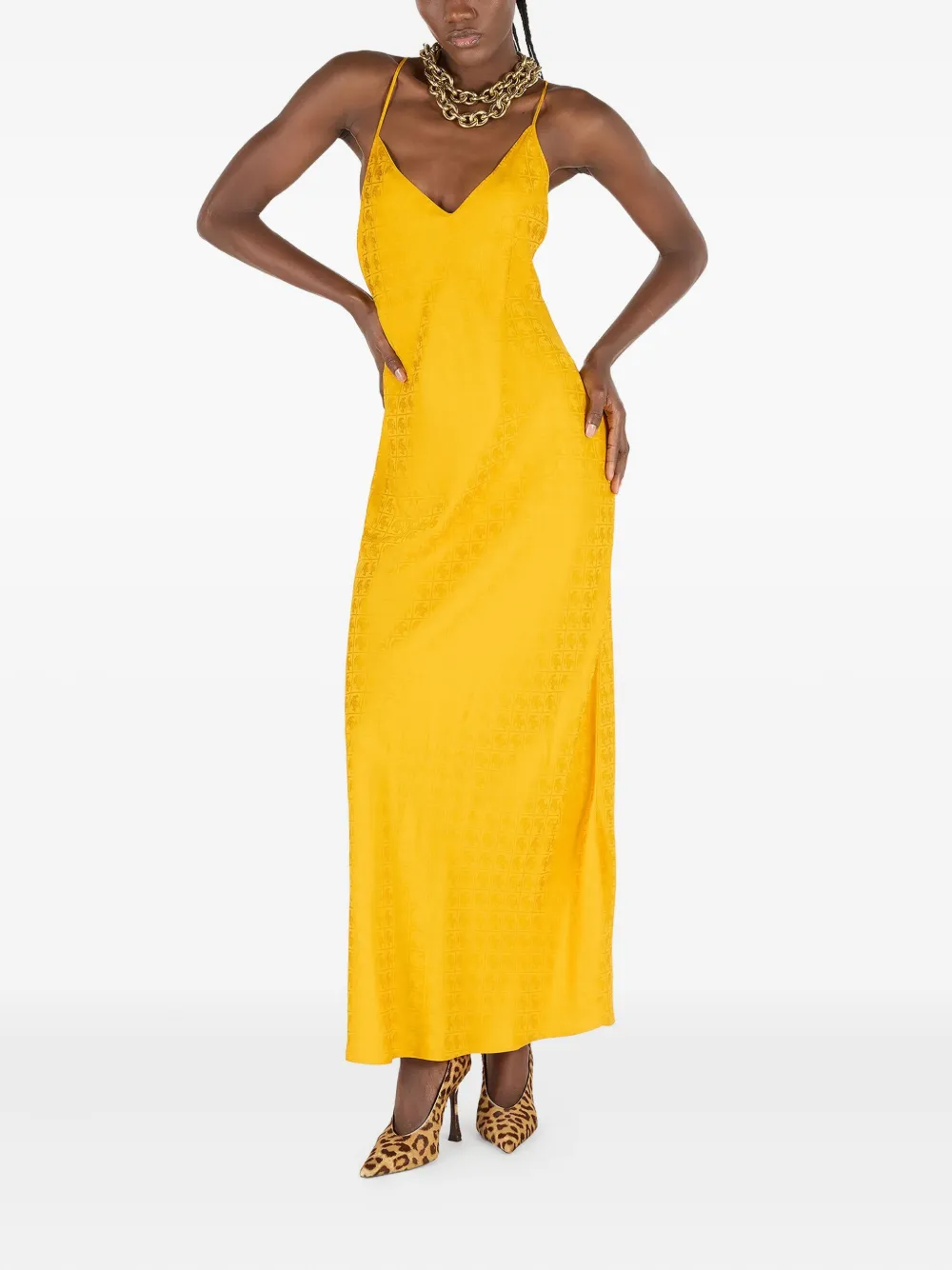 Roberto Cavalli Long Dress With Mirror Snake Monogram In Yellow