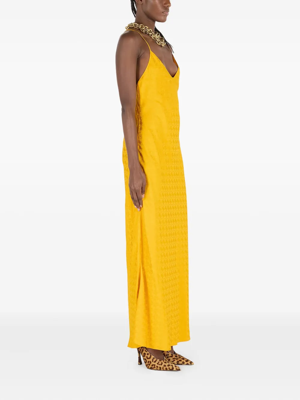 Roberto Cavalli Long Dress With Mirror Snake Monogram In Yellow
