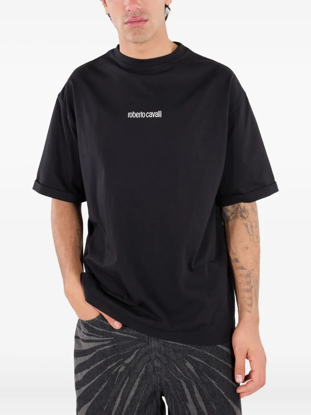 Roberto Cavalli T-shirt With Embroidered Logo In Black