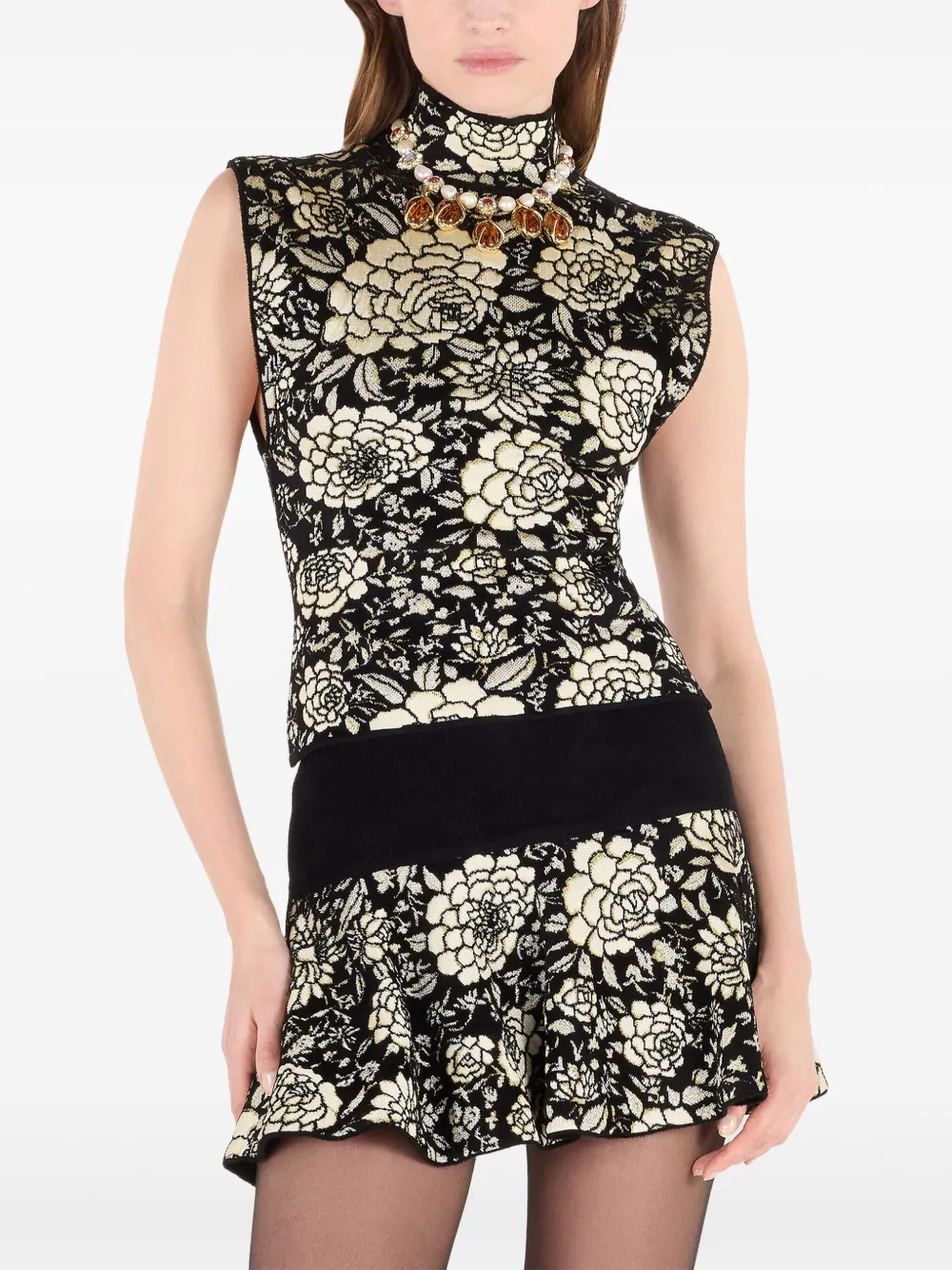 Roberto Cavalli Top met bloemenpatroon en hoge hals Zwart