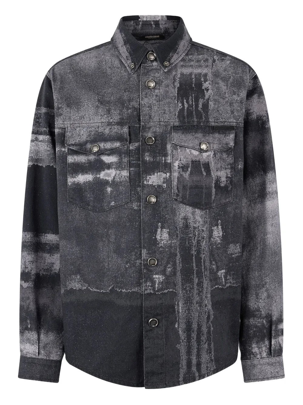Roberto Cavalli Abstract-print Denim Shirt In Gray