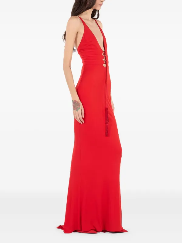 open lace back dress Vintage Roberto Cavalli Red Silk Chiffon Gown – NÜNÜ VINTAGE main image 1