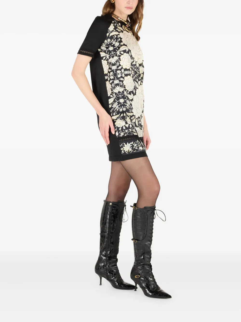 Roberto Cavalli Mini-jurk met bloemenprint en raglan mouwen Zwart