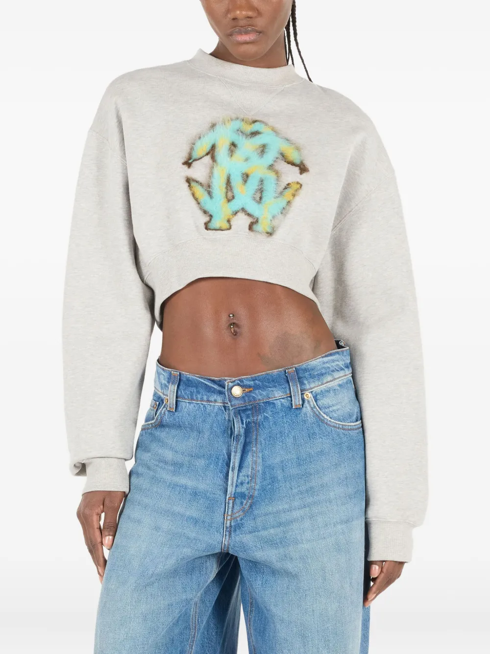 Roberto Cavalli Cropped Sweatshirt With Mirror Snake Monogram In Gray