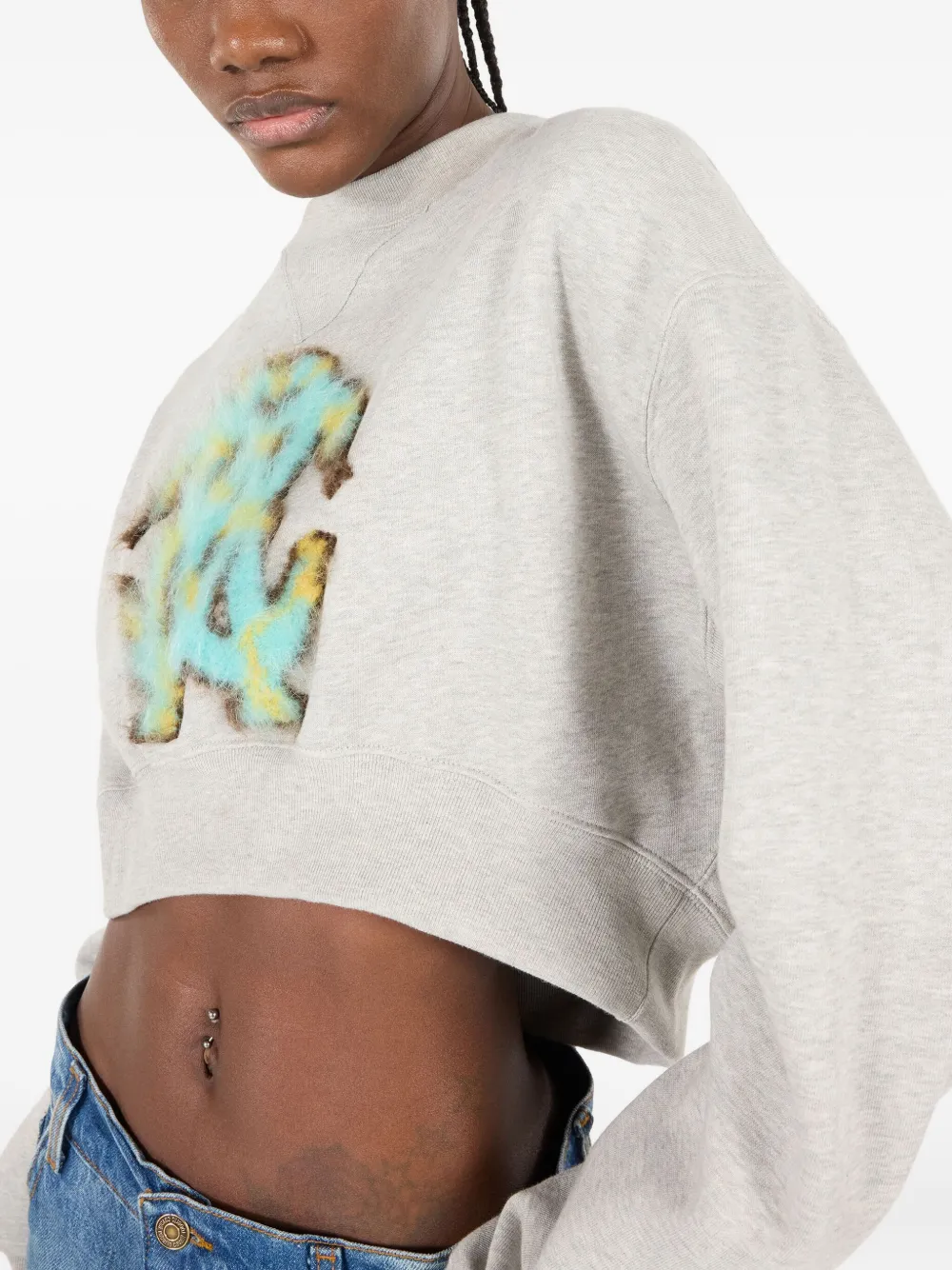 Roberto Cavalli Cropped Sweatshirt With Mirror Snake Monogram In Gray