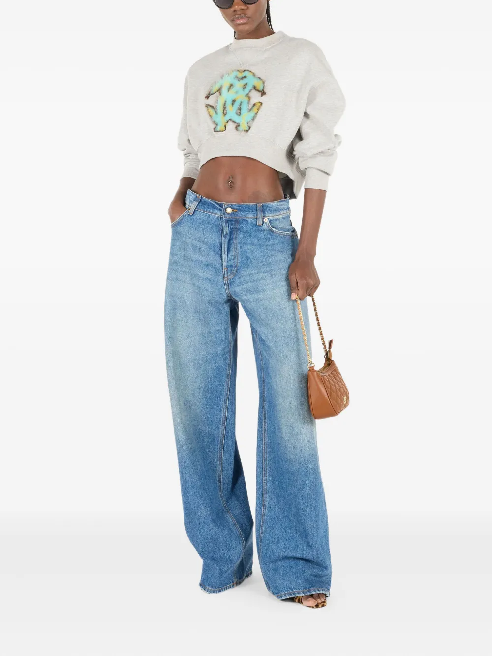 Roberto Cavalli Cropped Sweatshirt With Mirror Snake Monogram In Gray
