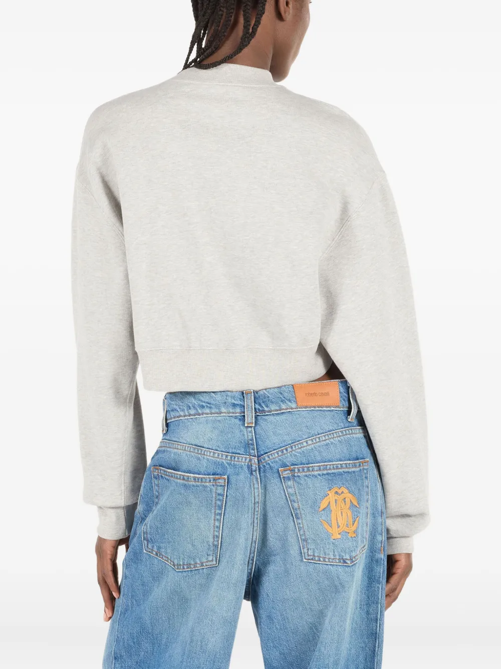 Roberto Cavalli Cropped Sweatshirt With Mirror Snake Monogram In Gray