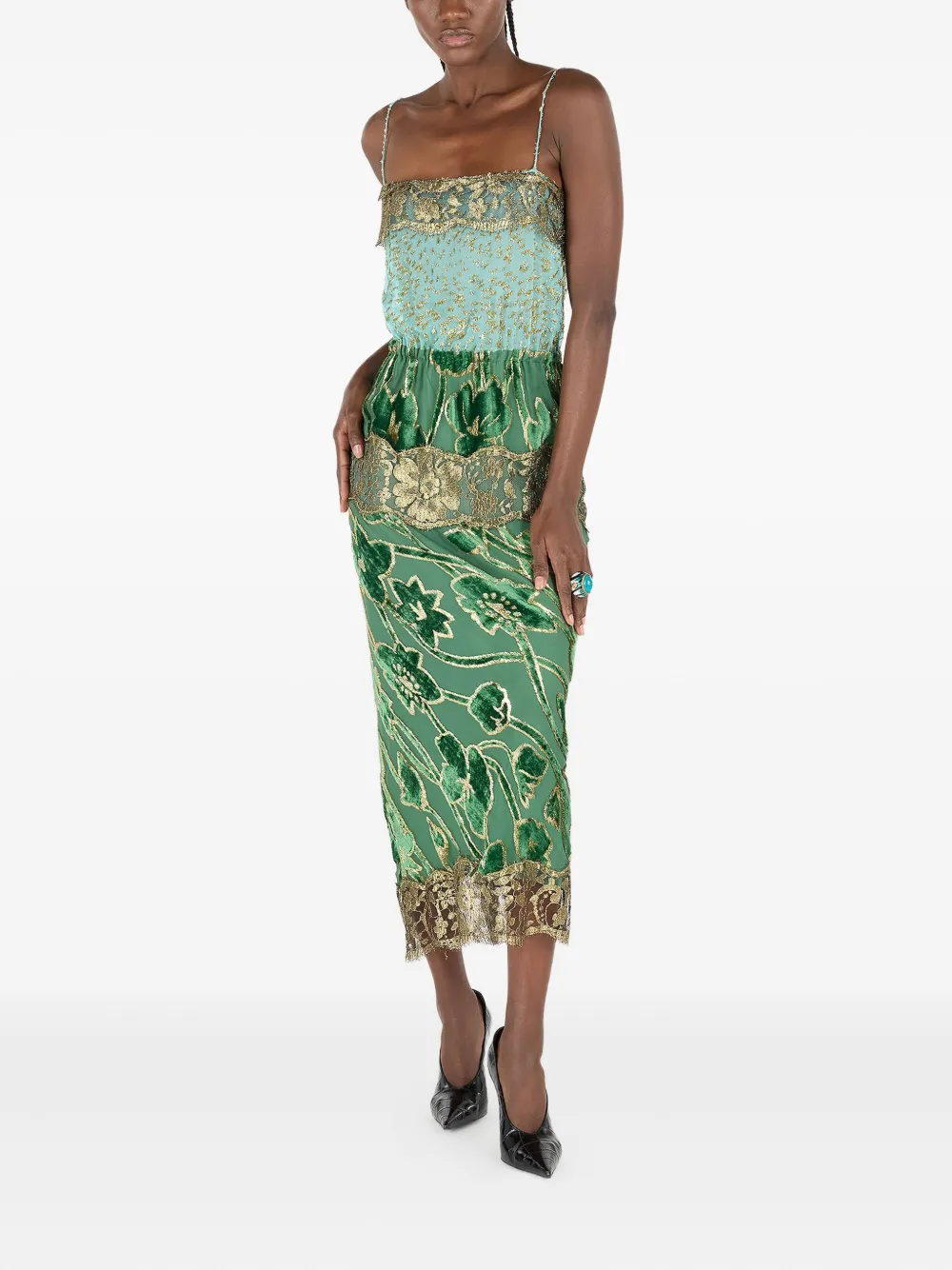 Roberto Cavalli Midi-jurk met bloemenkant Groen