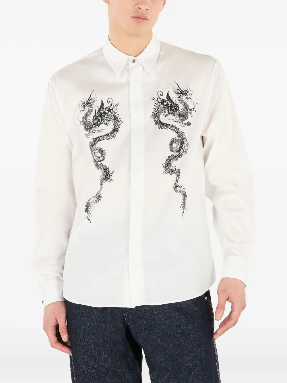 Roberto Cavalli Cotton Shirt With Dragons In White