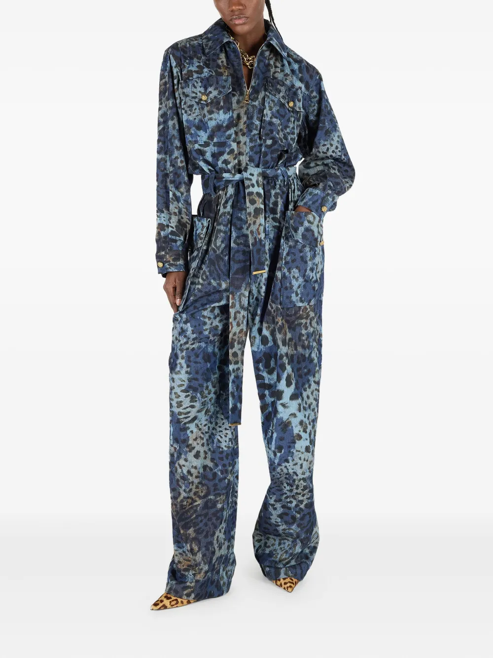 Roberto Cavalli Jumpsuit met ceintuur en dierenprint Blauw