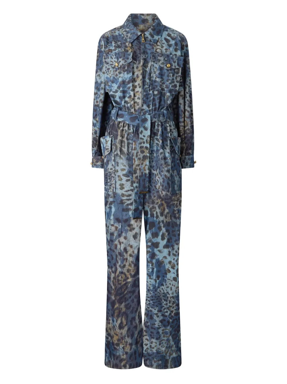 Roberto Cavalli Animal-print Belted Jumpsuit In Blue