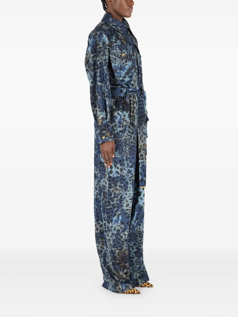 Roberto Cavalli Jumpsuit met ceintuur en dierenprint Blauw