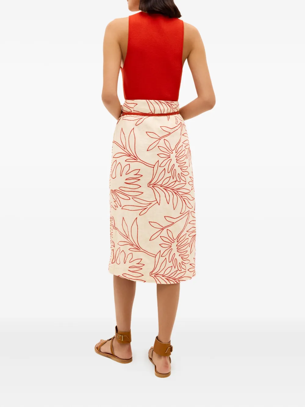 Marie Oliver Sandra midi-rok met bladerprint en gestrikte taille - Wit
