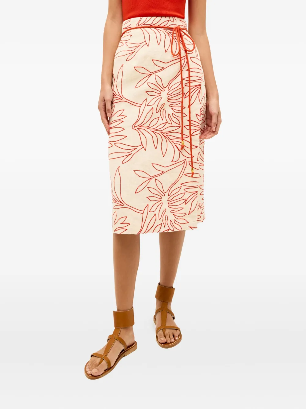 Marie Oliver Sandra midi-rok met bladerprint en gestrikte taille Wit