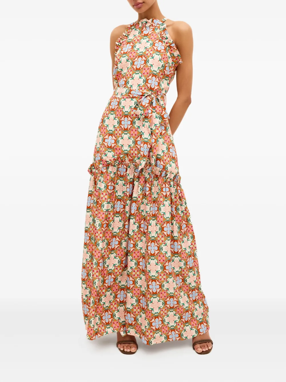 Marie Oliver Keenan maxi-jurk met bloemenprint en ruches Oranje