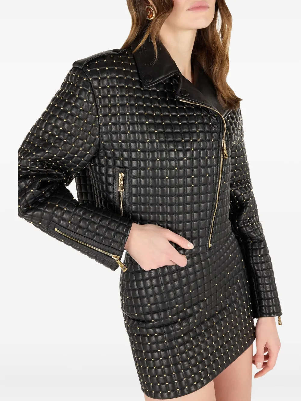 Roberto Cavalli Gewatteerde leren jack met studs Zwart
