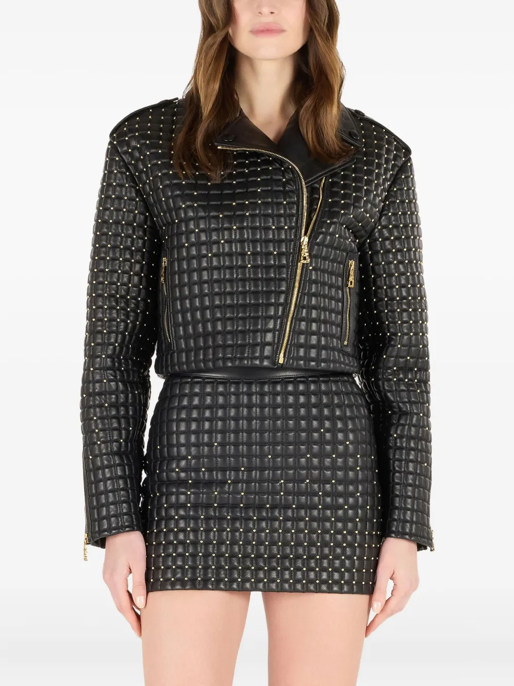 Roberto Cavalli Gewatteerde leren jack met studs Zwart