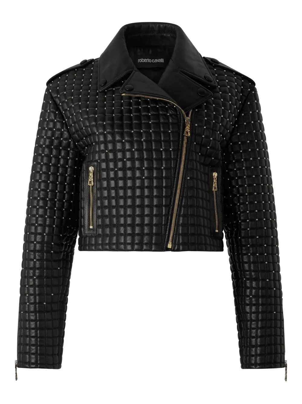 Roberto Cavalli Quilted Studded Leather Jacket In Black