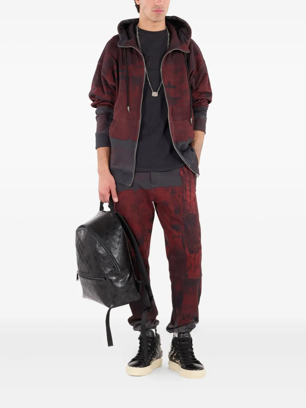 Roberto Cavalli Hooded Abstract-print Zip-up Sweatshirt In Red