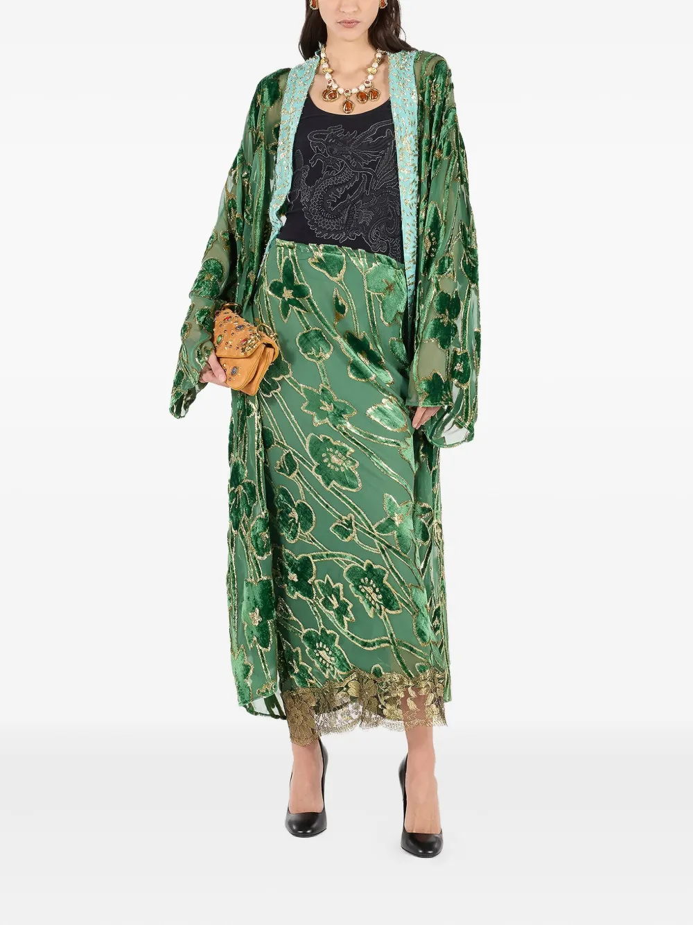 Roberto Cavalli Fluwelen straight maxi-rok met kanten afwerking - Groen