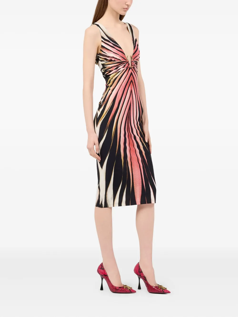 Roberto Cavalli Sheath Dress With Ray Of Pink Print In Multi