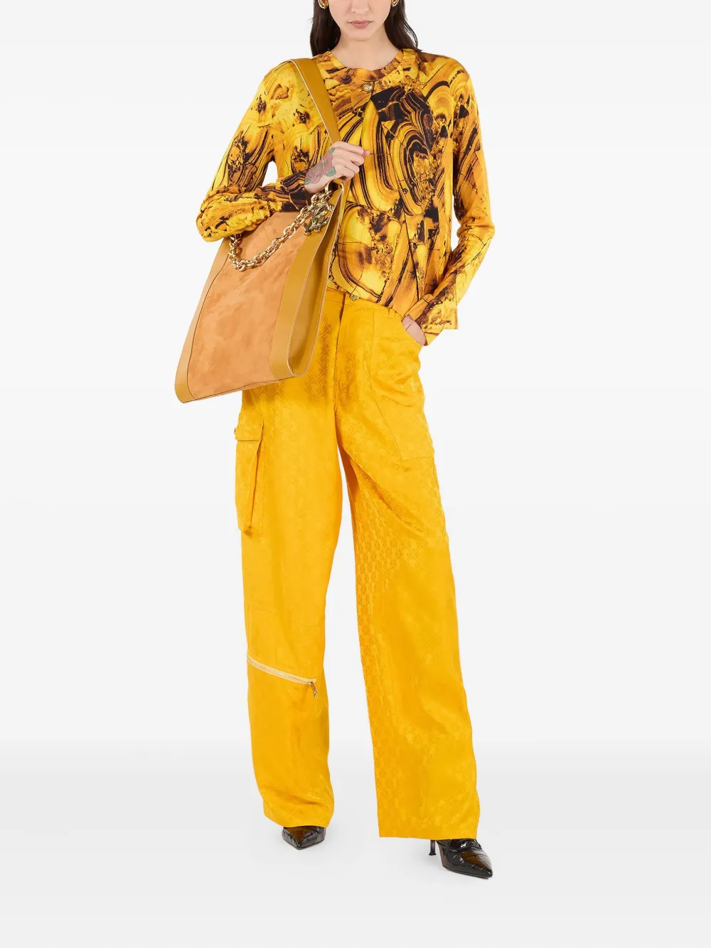 Roberto Cavalli Pants With All-over Mirror Snake Monogram In Yellow