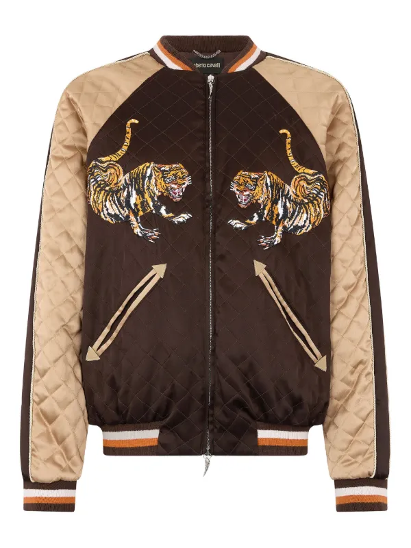 Roberto Cavalli tiger-embroidered Quilted Bomber Jacket | Brown