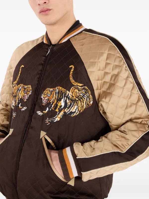 Roberto Cavalli tiger-embroidered Quilted Bomber Jacket | Brown
