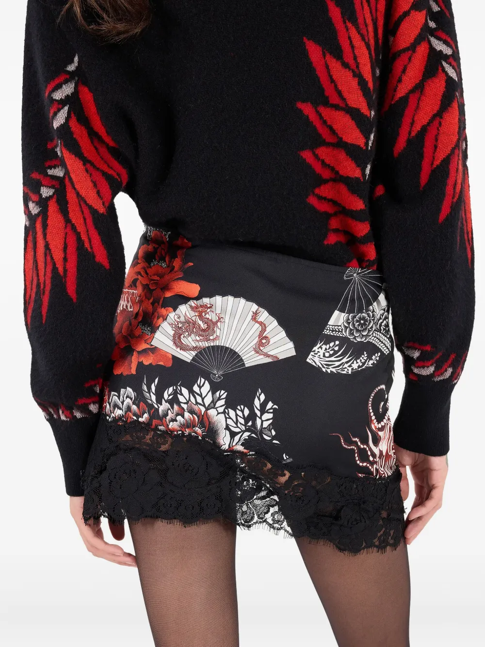Roberto Cavalli Silk Mini Skirt With All-over Dragon Print In Black