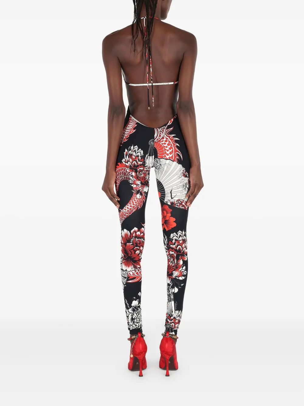 Roberto Cavalli Jumpsuit met drakenprint en veters Zwart