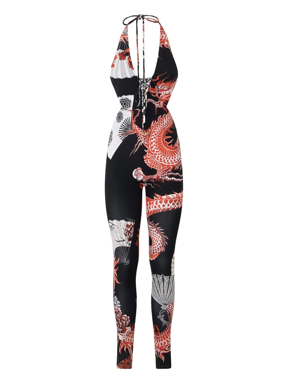 Roberto Cavalli Dragon-print Lace-up Jumpsuit In Black