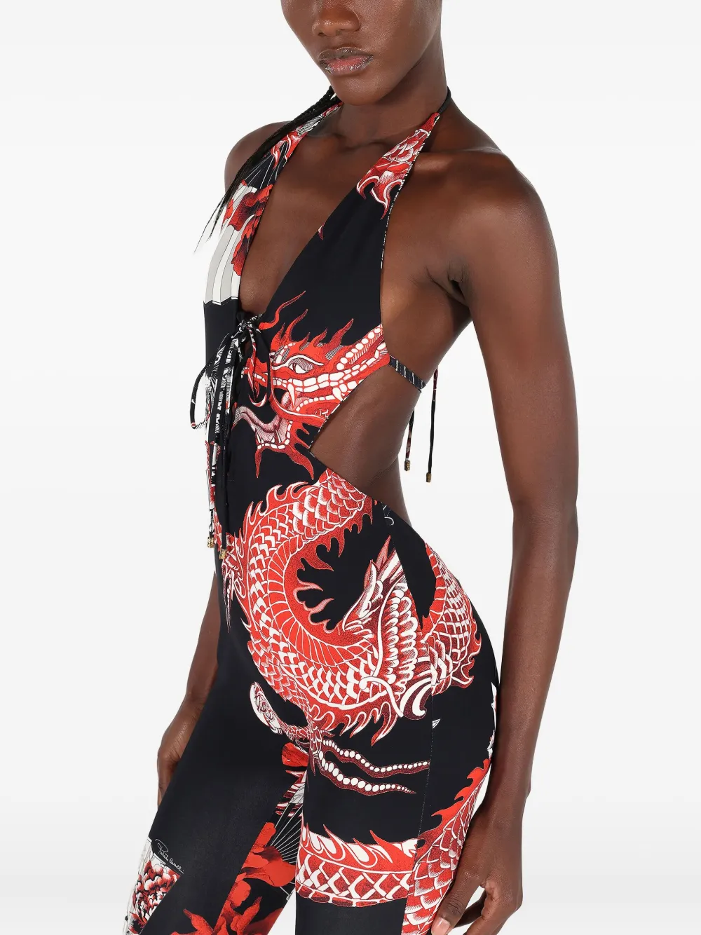 Roberto Cavalli Jumpsuit met drakenprint en veters Zwart