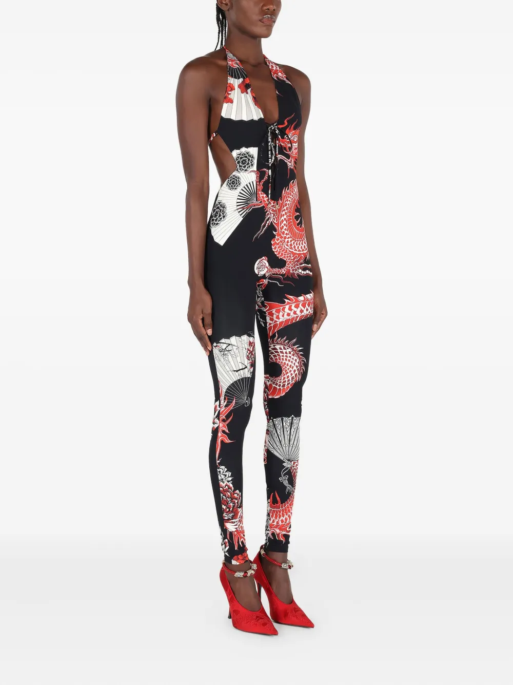 Roberto Cavalli Jumpsuit met drakenprint en veters Zwart