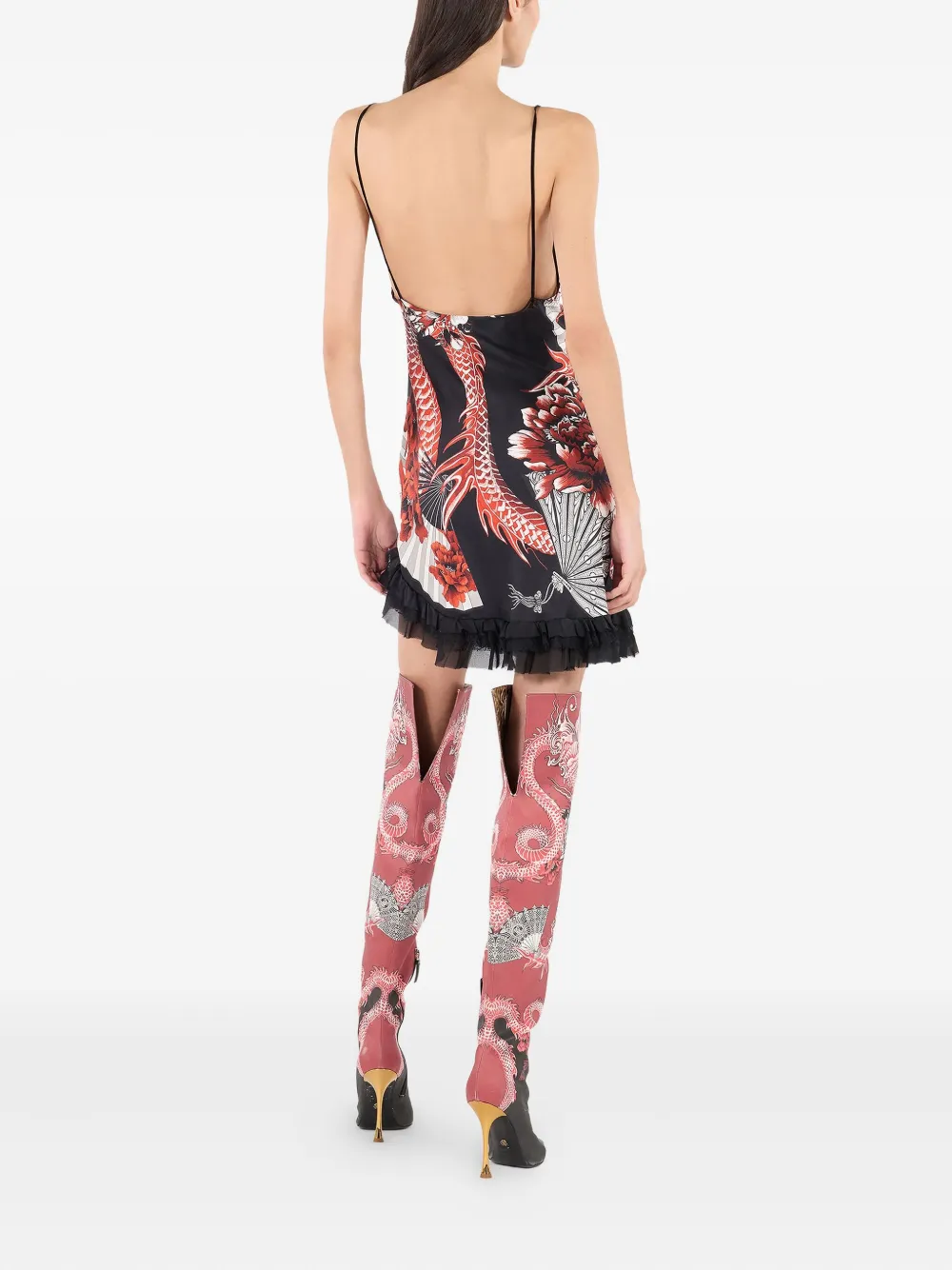 Roberto Cavalli Frilled Dragon-print Mini Dress In Black