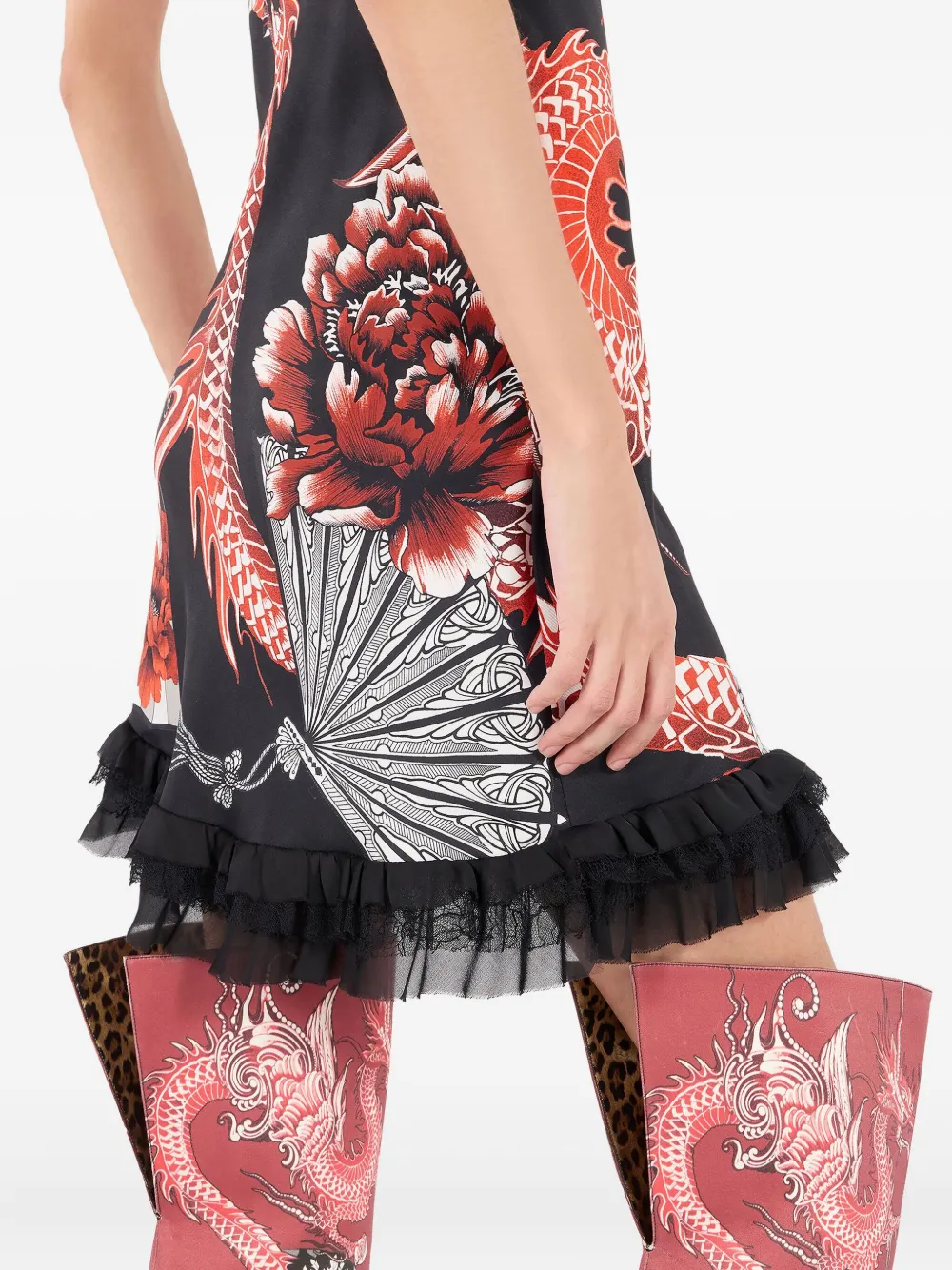 Roberto Cavalli Frilled Dragon-print Mini Dress In Black