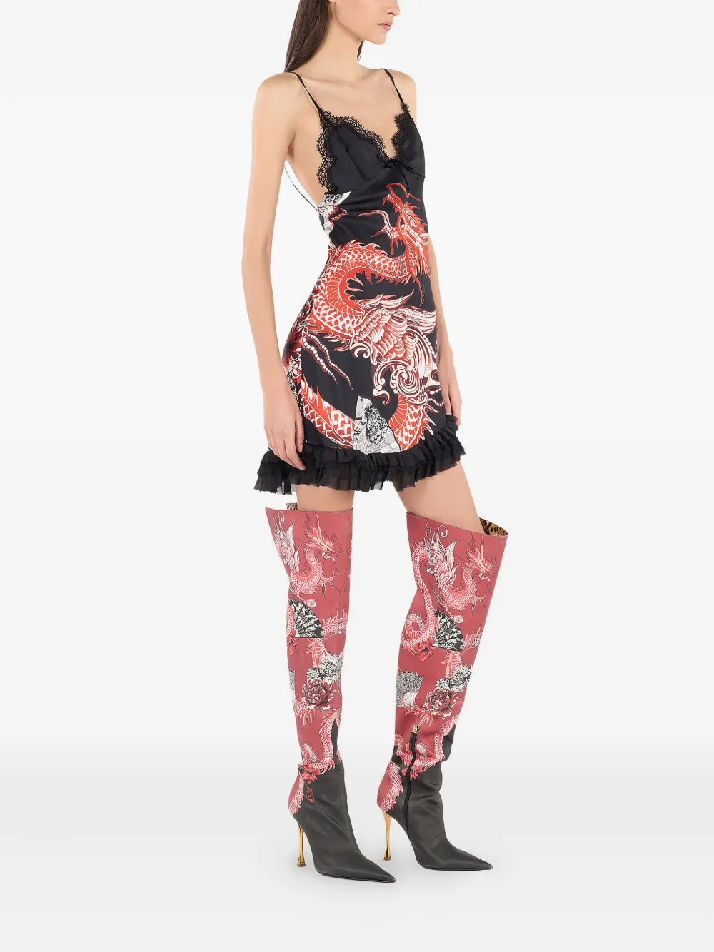 Roberto Cavalli Frilled Dragon-print Mini Dress In Black