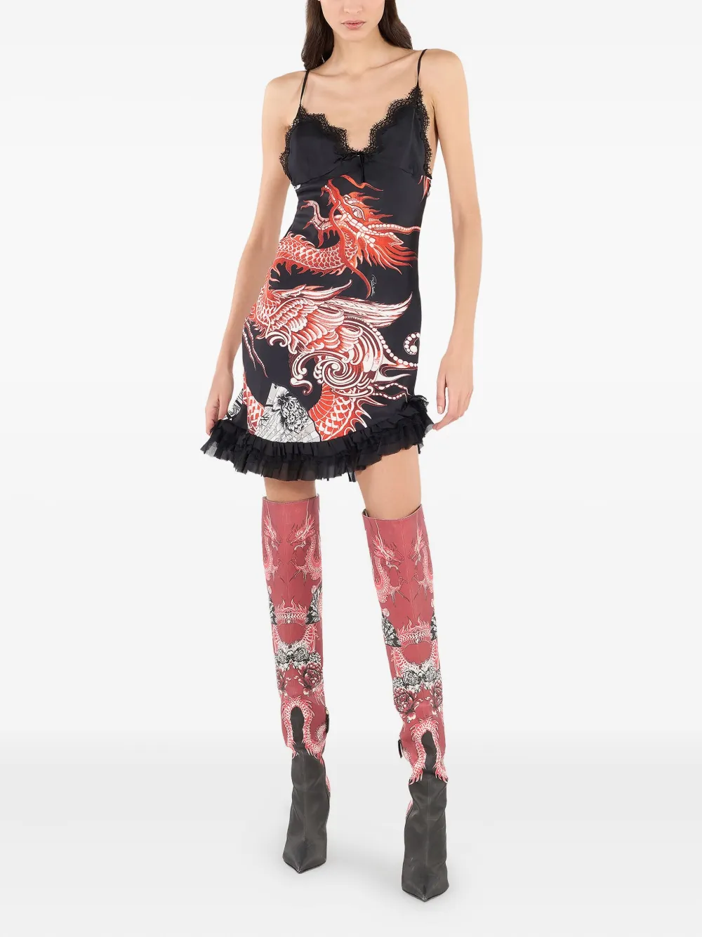 Roberto Cavalli Frilled Dragon-print Mini Dress In Black