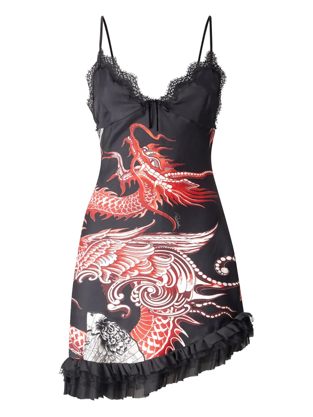 Roberto Cavalli Frilled Dragon-print Mini Dress In Black