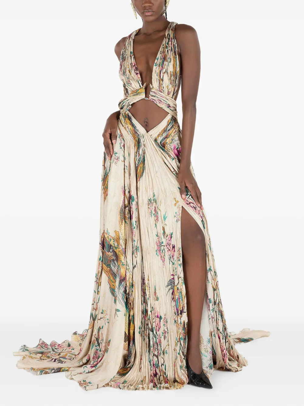 Roberto Cavalli Pleated Floral-print Dress In Multi