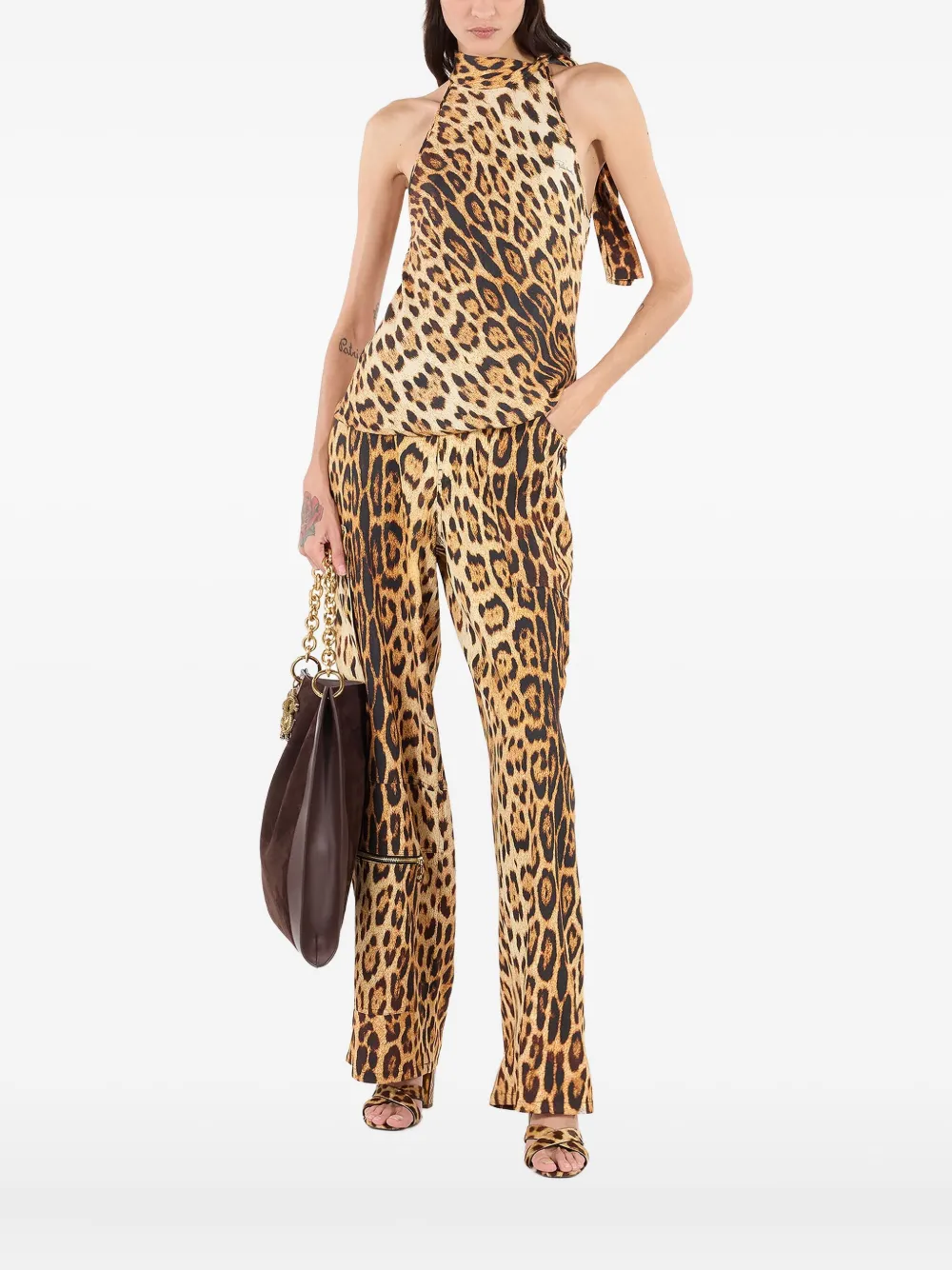 Roberto Cavalli Leopard-print Halter-neck Top In Brown