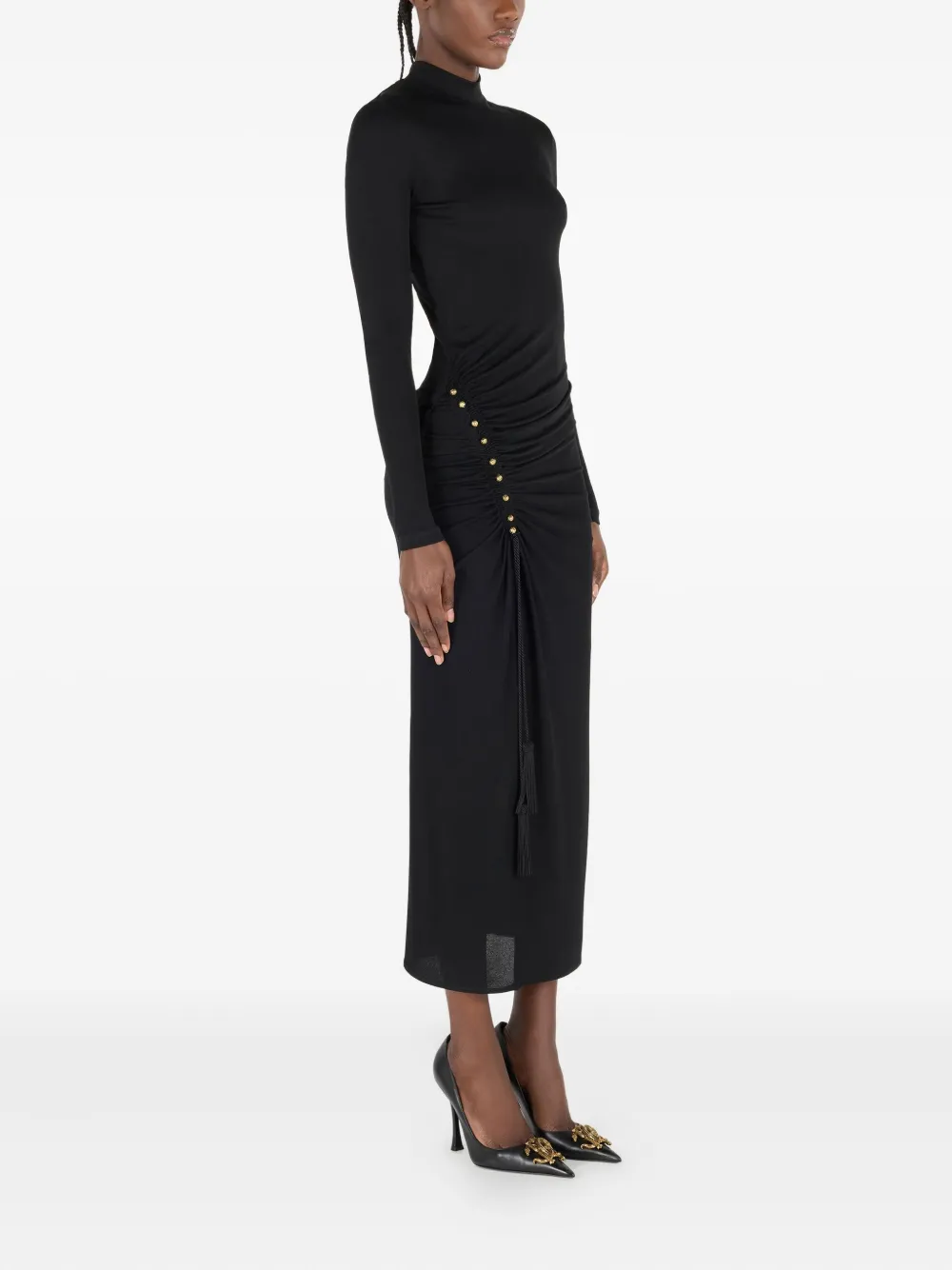 Roberto Cavalli Midi-jurk met gesmockt detail en hoge hals Zwart