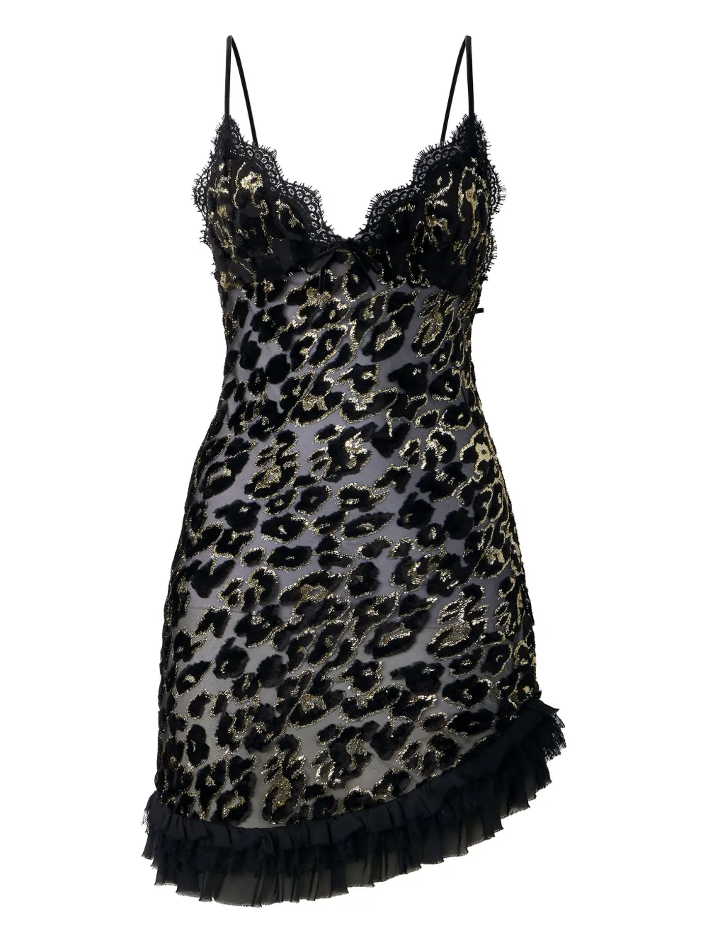 Roberto Cavalli Lace-trimmed Leopard-pattern Mini Dress In Black