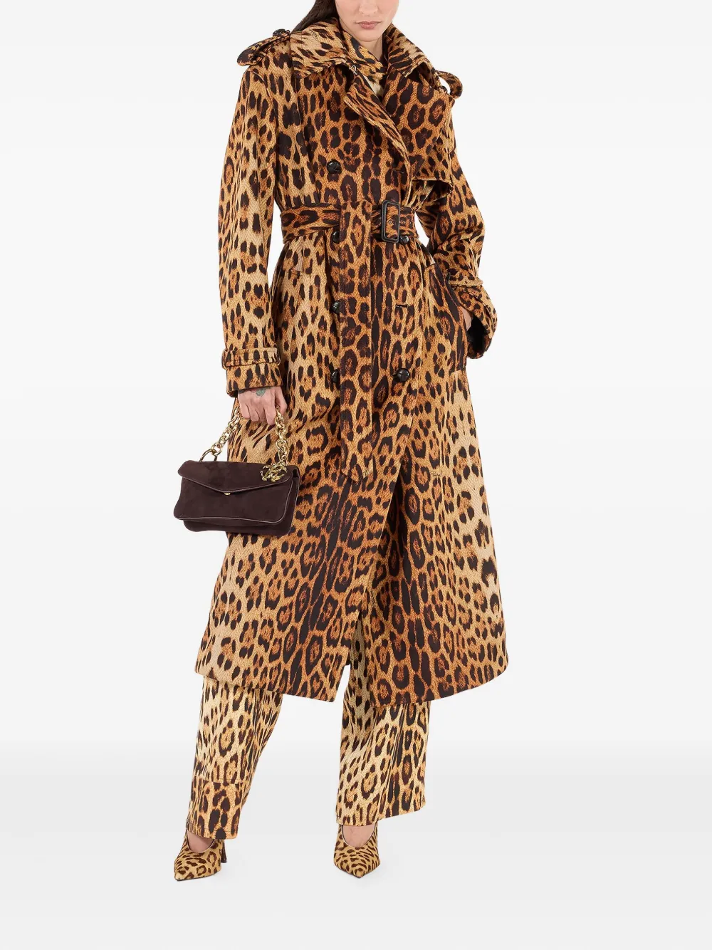 Roberto Cavalli Trenchcoat met jaguarprint en ceintuur Bruin