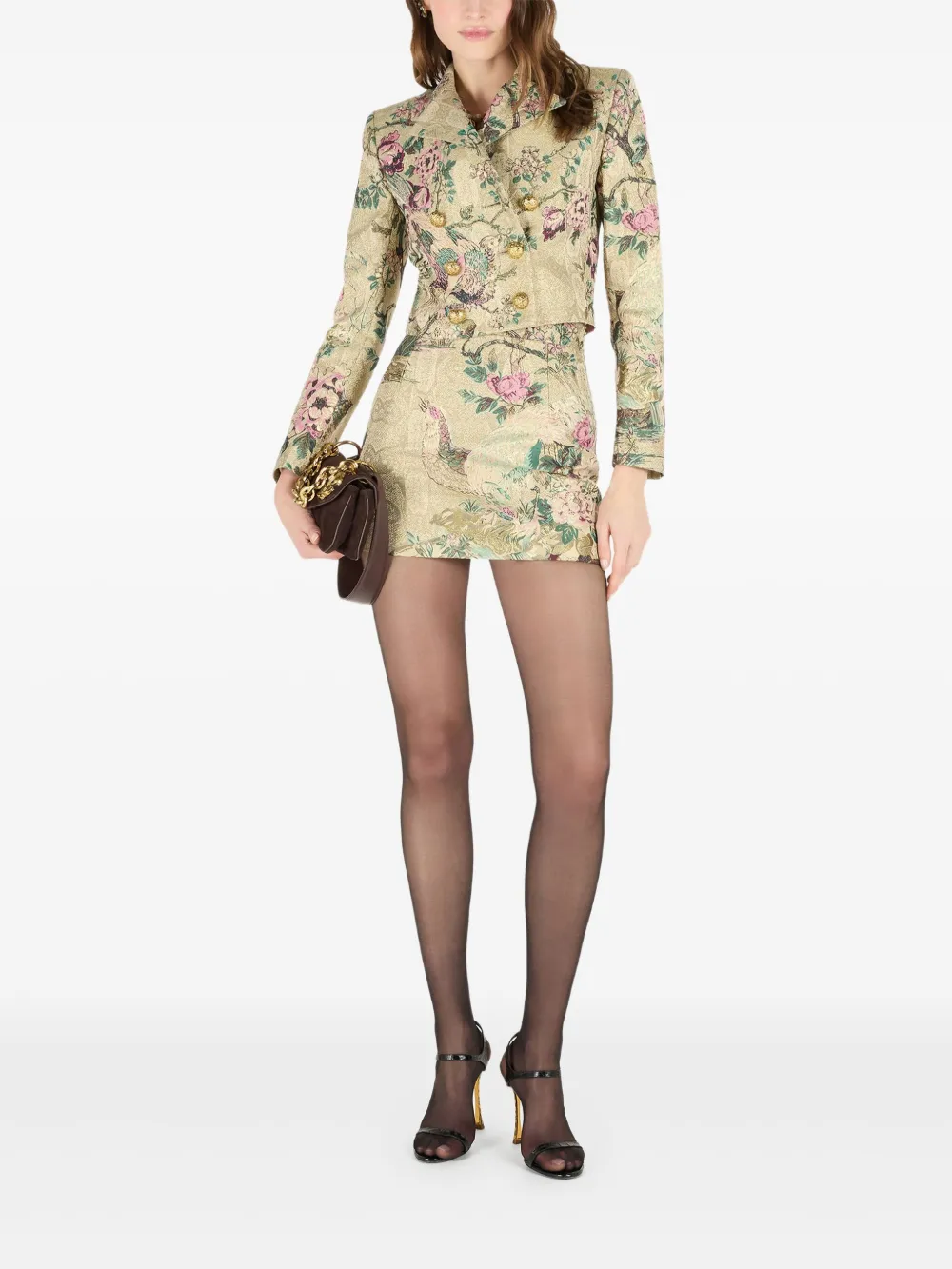 Roberto Cavalli Mini Skirt With Floral And Pheasant Motif In Multi