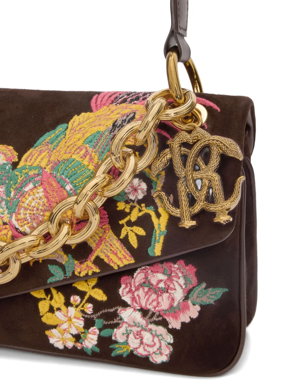 Roberto Cavalli Suède schoudertas met borduurwerk Bruin