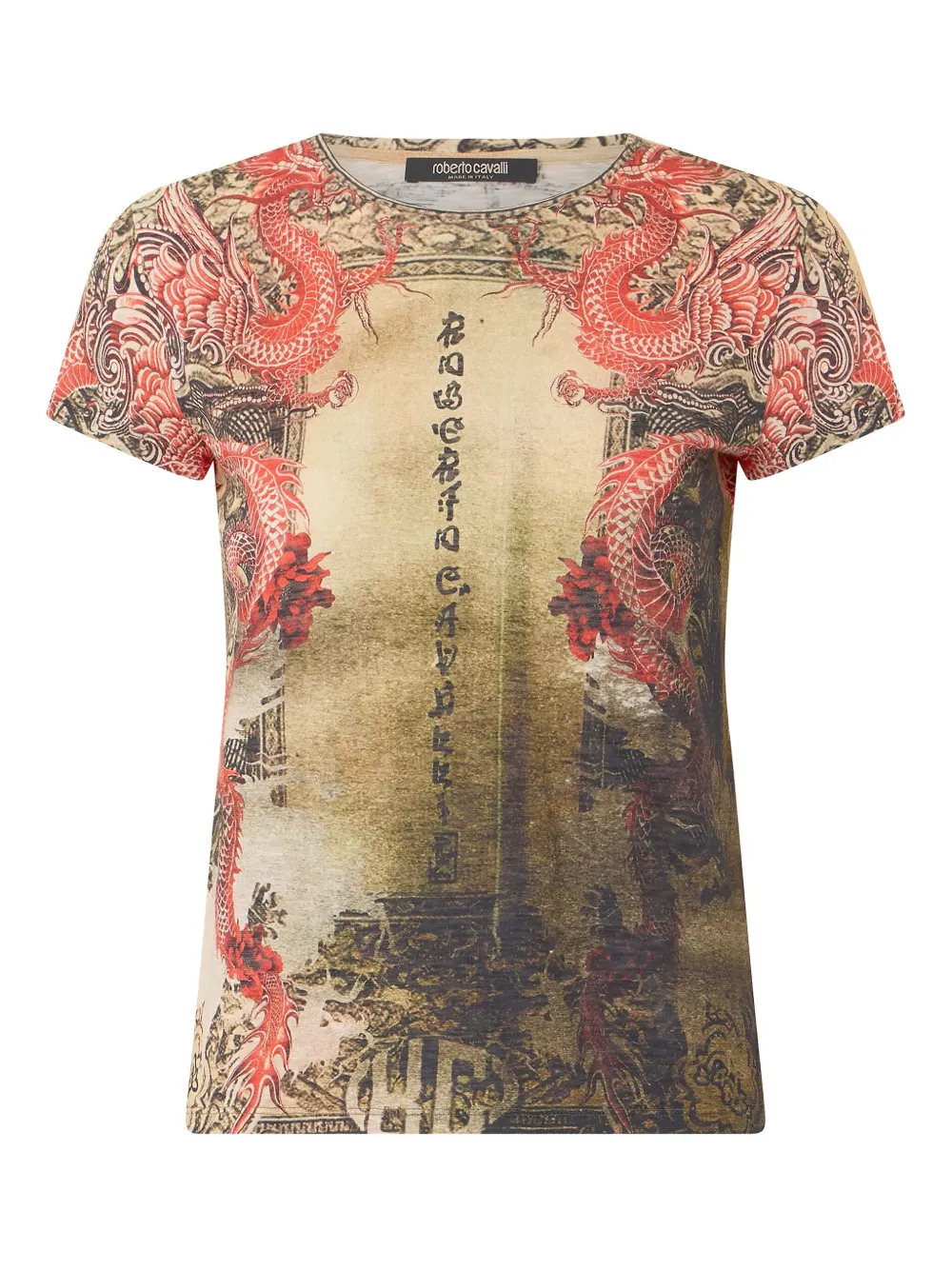 Roberto Cavalli Cotton T-shirt With Oriental Print In Multi