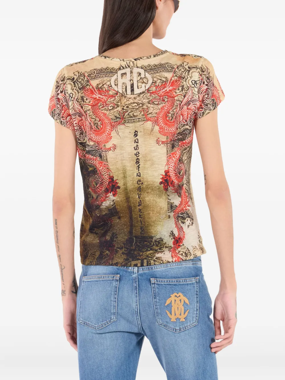 Roberto Cavalli Cotton T-shirt With Oriental Print In Multi