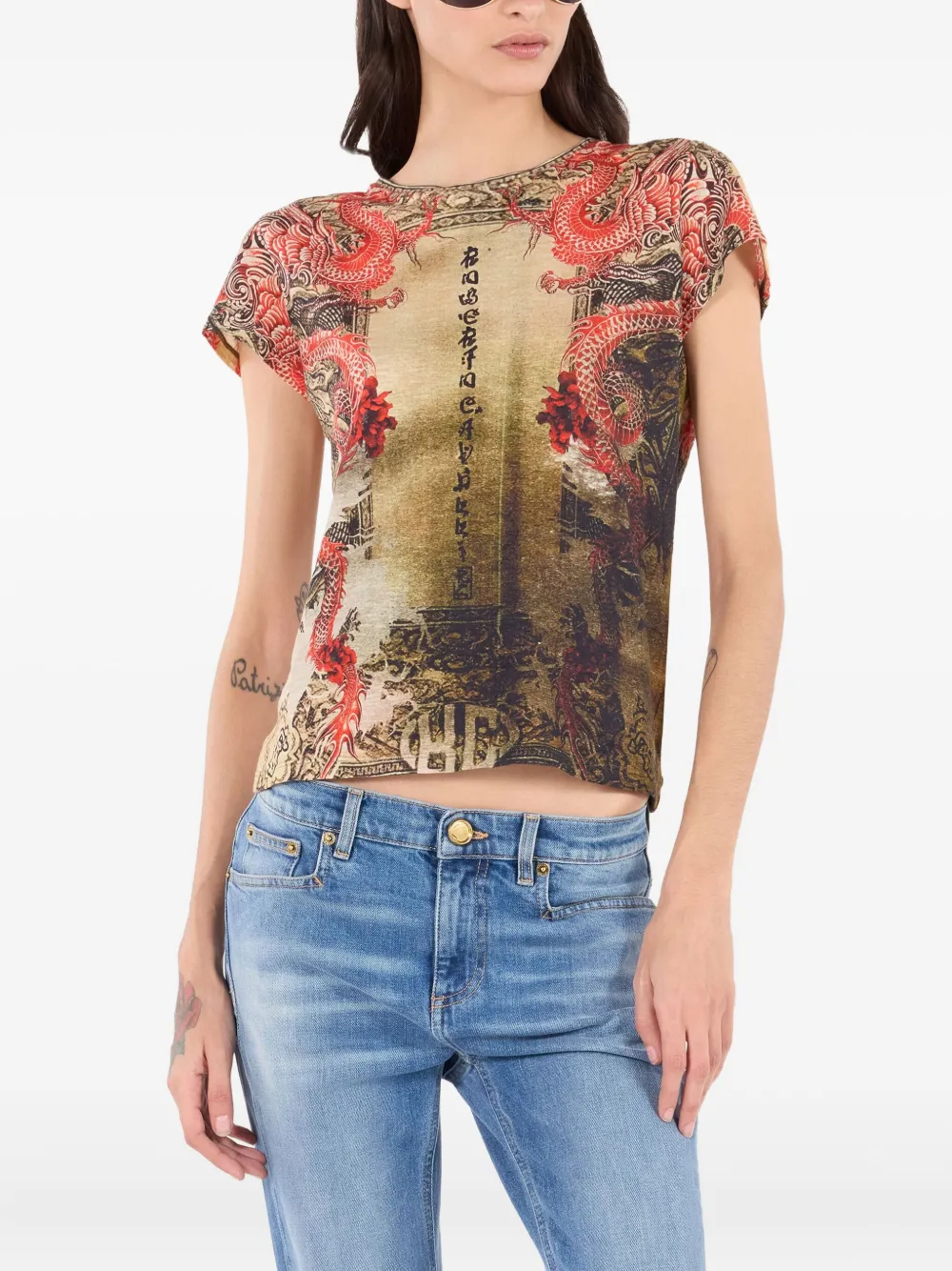 Roberto Cavalli Cotton T-shirt With Oriental Print In Multi